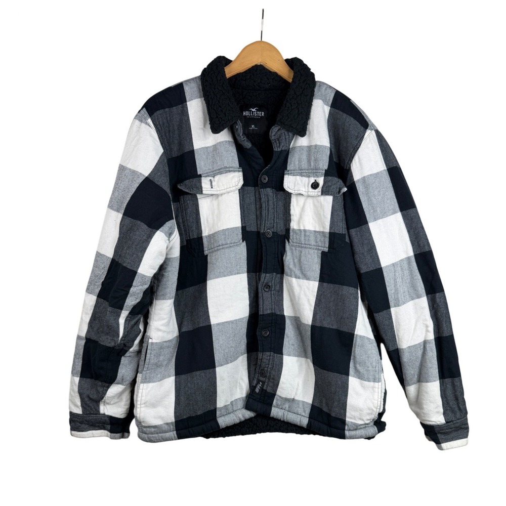 Hollister Mens Sherpa Lined Plaid Flannel Shacket Size XL Black White Jacket